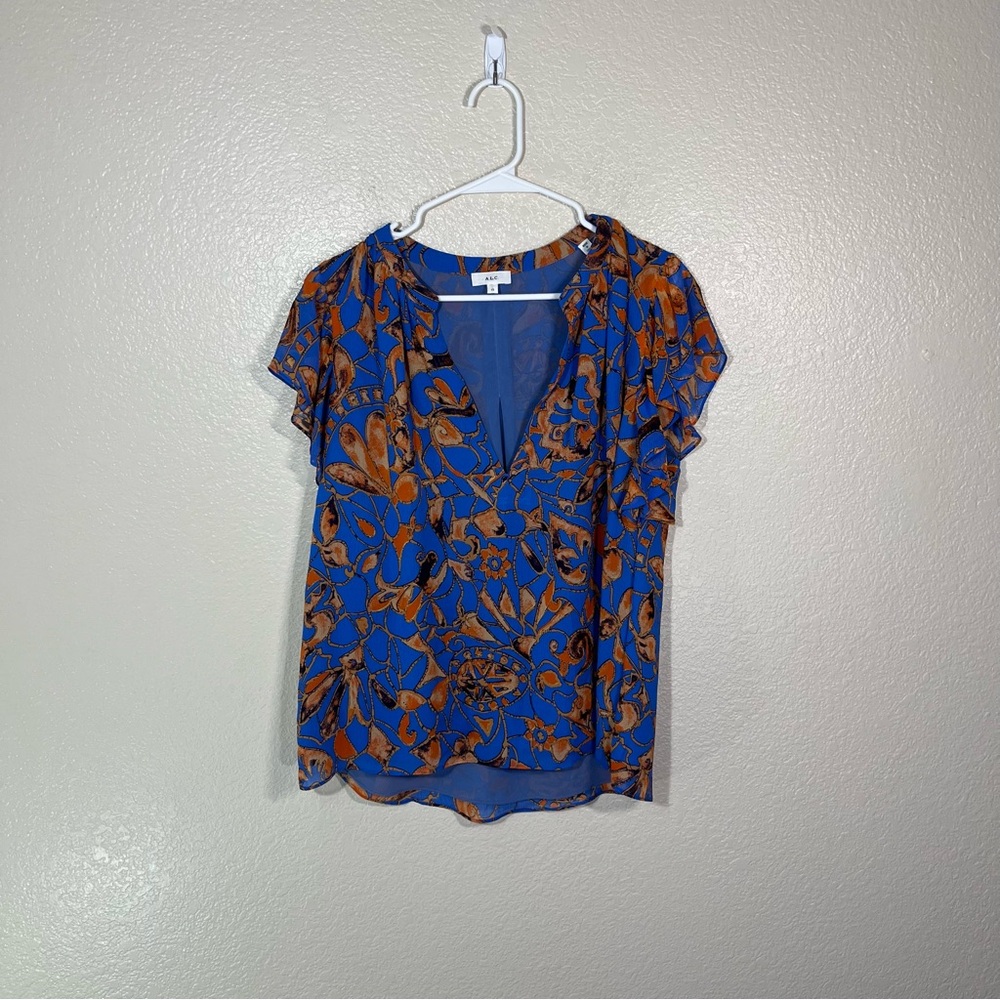 A.L.C. Top Womens 12 Silk Blouse Ruffle V Neck Short Sleeve Blue Orange
